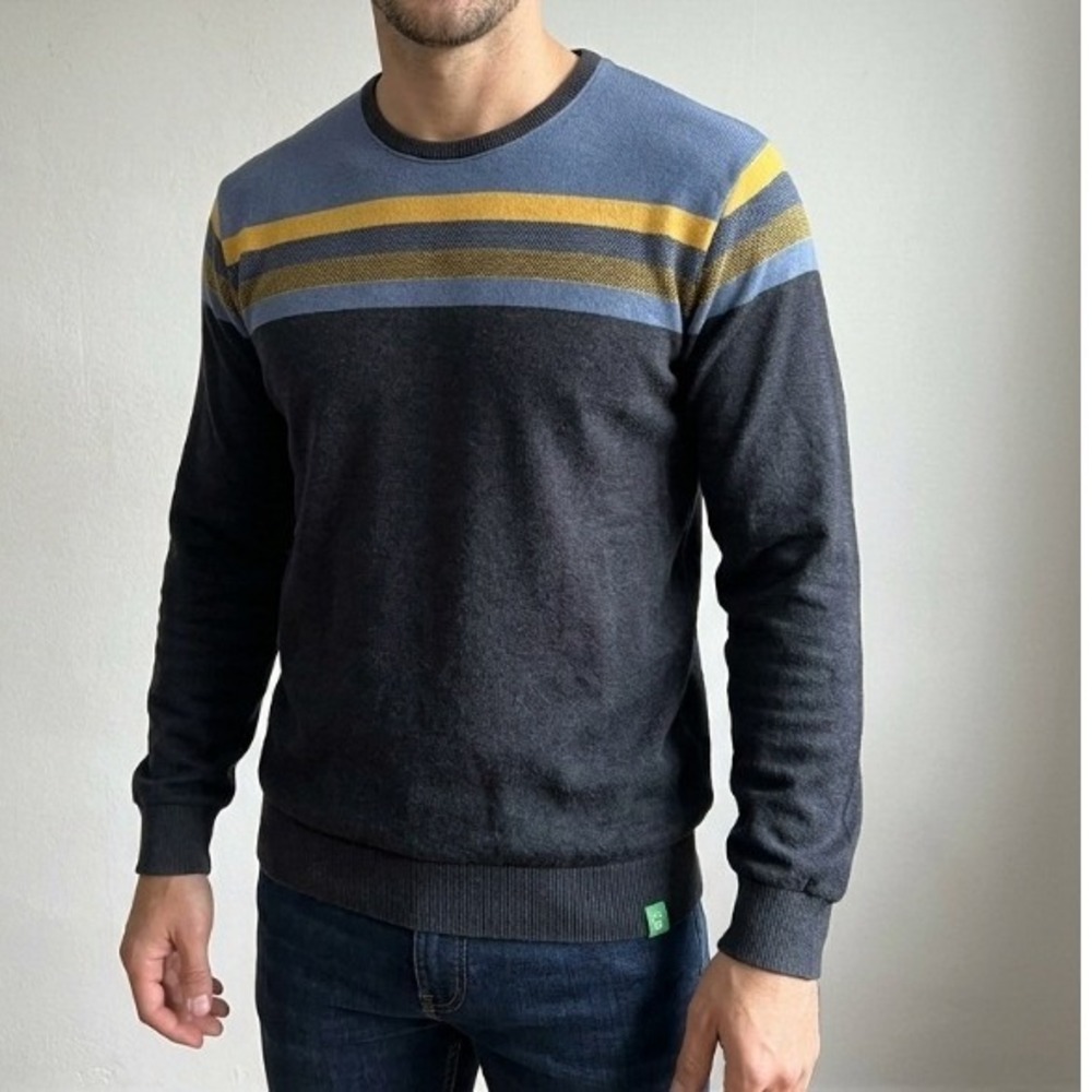 United Colors of Benetton Mens Striped Crewneck Sweatshirt Black Blue Yellow M
